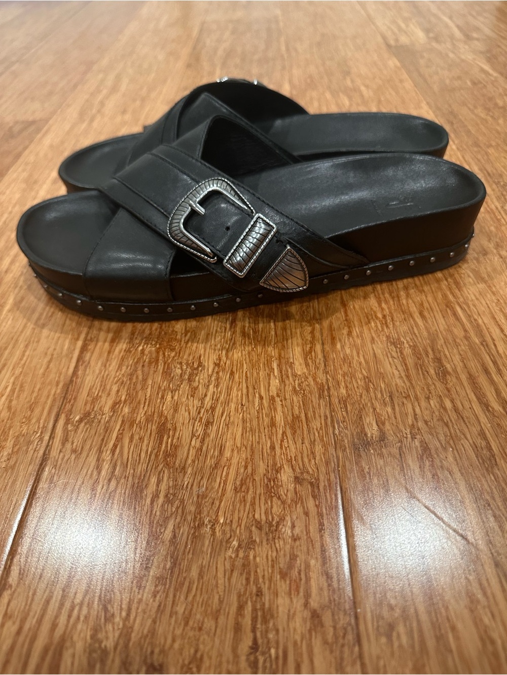 Frye Black Cross-Strap Slide Sandals - Picture 3 of 4
